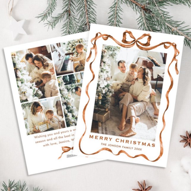 Cartes Pour Fêtes Annuelles Fête Noël Boho Beige Bow Ribbon 5 Photo (Créateur téléchargé)