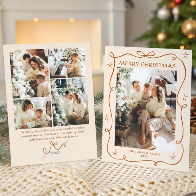 Cartes Pour Fêtes Annuelles Fête Noël Boho Beige Bow Ribbon 5 Photo (Créateur téléchargé)
