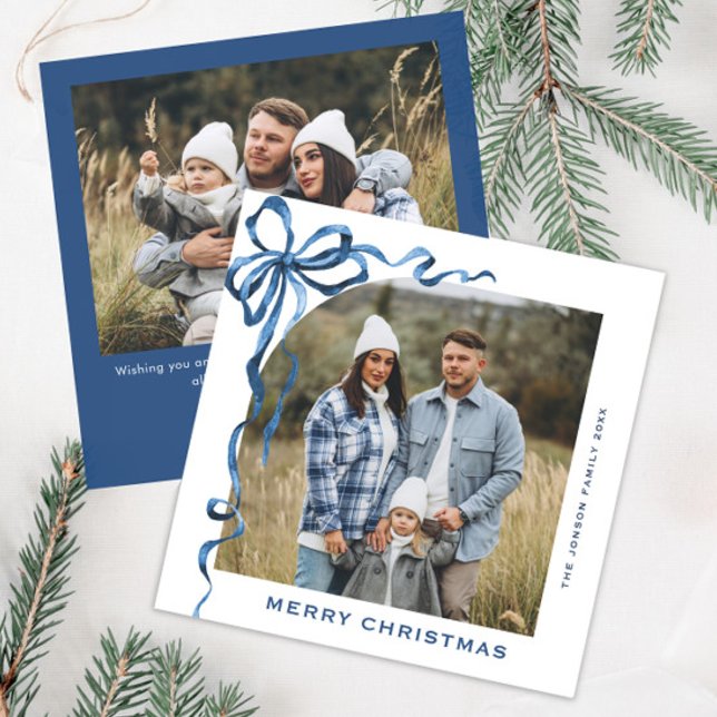 Cartes Pour Fêtes Annuelles Fête Noël Dusty Blue Bow Ribbon 2 Photo (Créateur téléchargé)