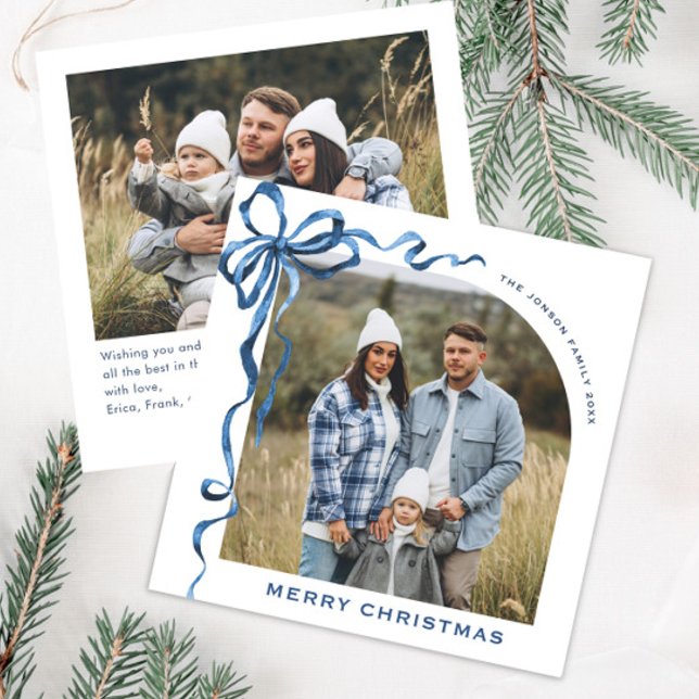 Cartes Pour Fêtes Annuelles Fête Noël Dusty Blue Bow Ribbon 2 Photo (Créateur téléchargé)
