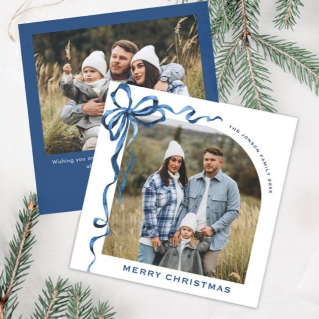Cartes Pour Fêtes Annuelles Fête Noël Dusty Blue Bow Ribbon 2 Photo (Créateur téléchargé)