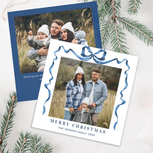 Cartes Pour Fêtes Annuelles Fête Noël Dusty Blue Bow Ribbon 2 Photo (Créateur téléchargé)