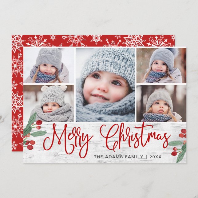 Cartes Pour Fêtes Annuelles Fête Noël Holly Berry Rustic 5 PHOTO (Devant / Derrière)