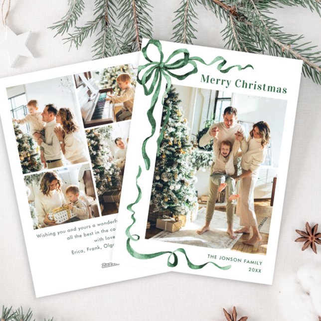 Cartes Pour Fêtes Annuelles Fête Noël Sage Green Bow Ribbon 5 Photo (Créateur téléchargé)