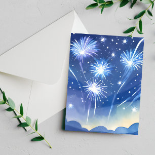 Cartes Pour Fêtes Annuelles Feu d'artifice bleu   Aquarelle de célébration de 