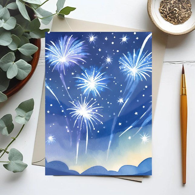 Cartes Pour Fêtes Annuelles Feu d'artifice bleu | Aquarelle de célébration de  (Créateur téléchargé)