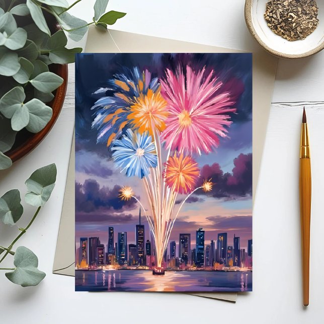 Cartes Pour Fêtes Annuelles Feu d'artifice | Nouvel An à l'aquarelle (Créateur téléchargé)