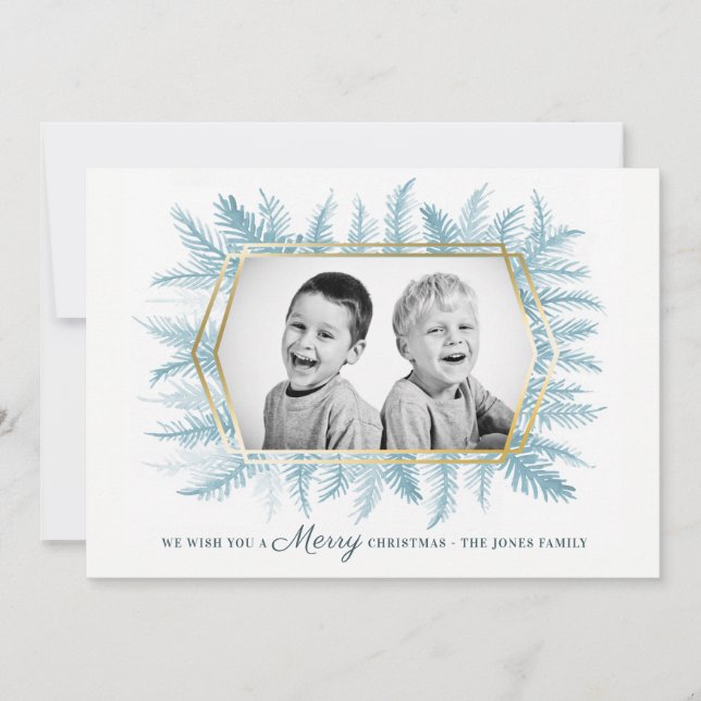 Cartes Pour Fêtes Annuelles Feuillage bleu de persistante d'hiver aquarelle (Devant)