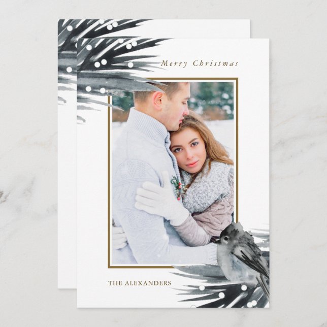 Cartes Pour Fêtes Annuelles Feuillage bleu hiver rustique Joyeux Noël Photo (Devant / Derrière)