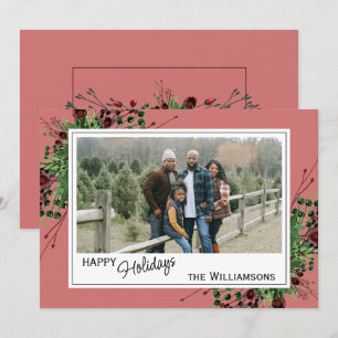 Cartes Pour Fêtes Annuelles Feuillage Botanique Vert Baies Rouges Sur Rose
