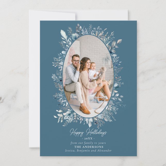 Cartes Pour Fêtes Annuelles Feuillage d'hiver bleu poussiéreux Wreath Family P (Devant)