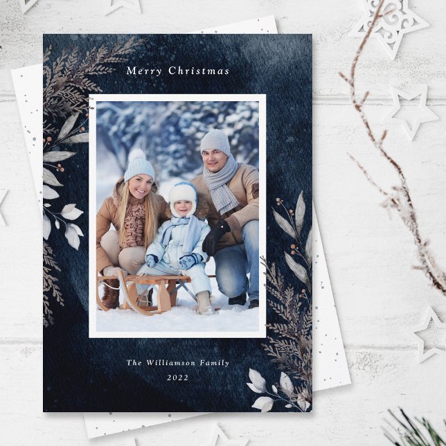 Cartes Pour Fêtes Annuelles Feuillage gris hiver sur l'aquarelle bleu marine P (Créateur téléchargé)