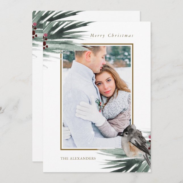 Cartes Pour Fêtes Annuelles Feuillage vert rustique Photo Joyeux Noël (Devant / Derrière)