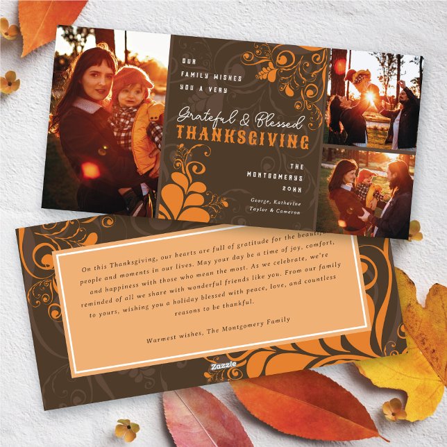 Cartes Pour Fêtes Annuelles Feuilles Art déco torrents Bon thanksgiving 3 Phot (Orange Art Deco Leaves Swirls Happy Thanksgiving 3 Photo Holiday Card @ fat_fa_tin)