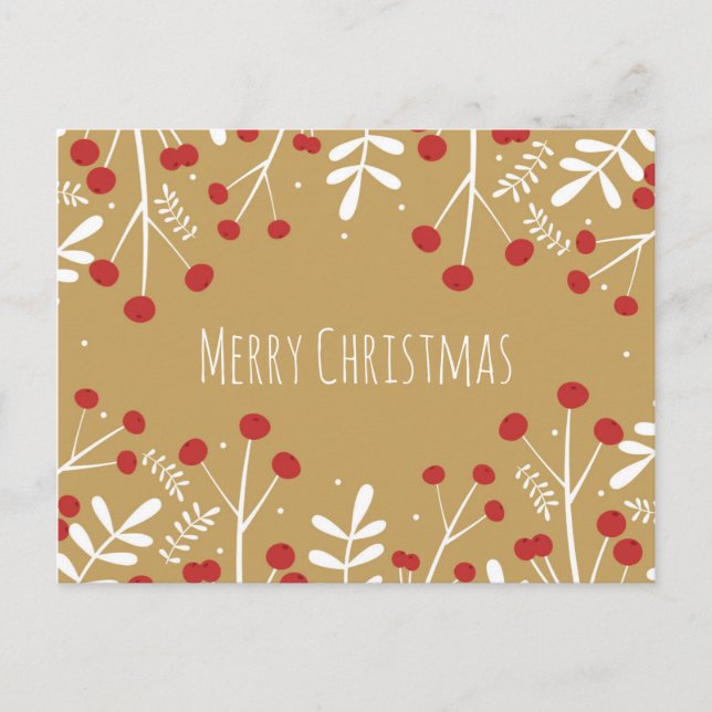 Cartes Pour Fêtes Annuelles Feuilles blanches et baies Or Noël vacances (Devant)