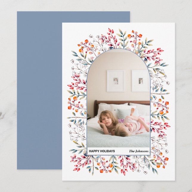 Cartes Pour Fêtes Annuelles Feuilles d'arc et baies bleu poussiéreux photo de  (Devant / Derrière)