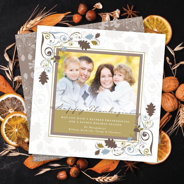 Cartes Pour Fêtes Annuelles Feuilles d'automne & Elégantes torrents Thanksgivi (Autumn Fall Leaves With Vintage Brown Decorative Swirls Thanksgiving Photo Holiday Card @ fat_fa_tin)