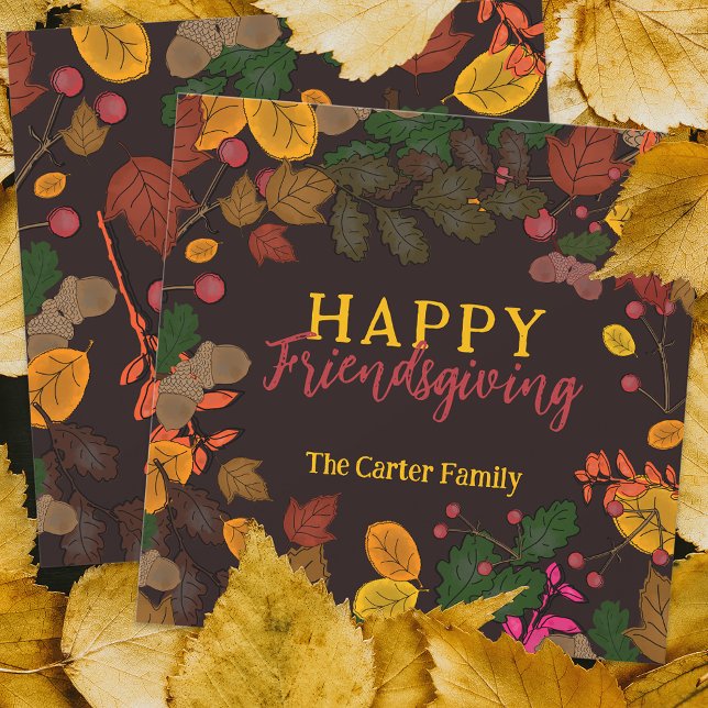 Cartes Pour Fêtes Annuelles Feuilles d'automne Glands Baies Bon Friendsgiving (Créateur téléchargé)