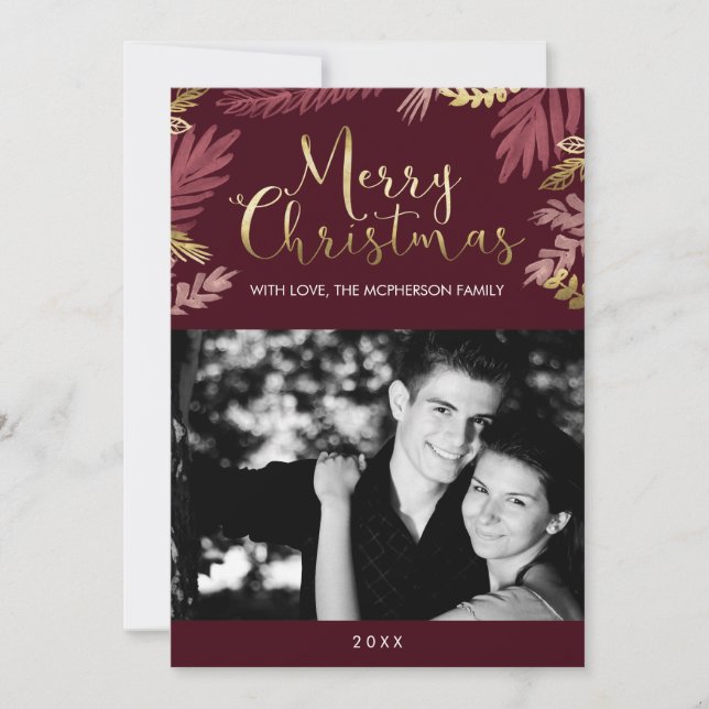 Cartes Pour Fêtes Annuelles Feuilles d'or Joyeux Noël Photo (Devant)