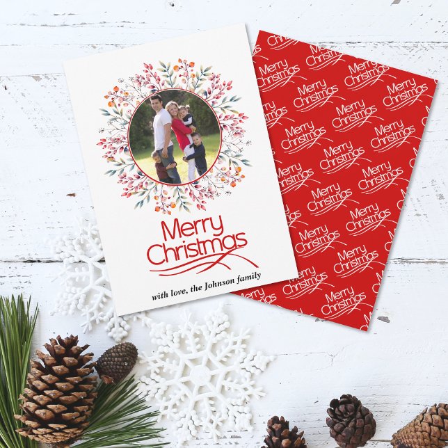 Cartes Pour Fêtes Annuelles Feuilles et baies rouges Joyeux Noël photo (Créateur téléchargé)