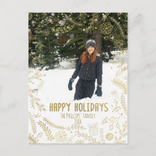 Cartes Pour Fêtes Annuelles Feuilles Florales Dorées Photo de Vacances de Noël
