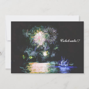 Cartes Pour Fêtes Annuelles Feux d'artifice Célébrer Bateau Aquarelle Nouvel A