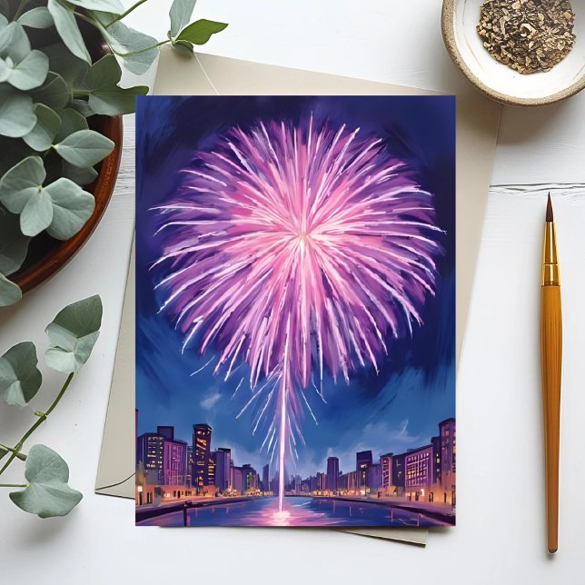 Cartes Pour Fêtes Annuelles Feux d'artifice violets | Nouvel An Aquarelle (Créateur téléchargé)