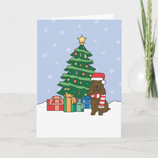 Cartes Pour Fêtes Annuelles Field Spaniel et sapin de Noël (Devant)