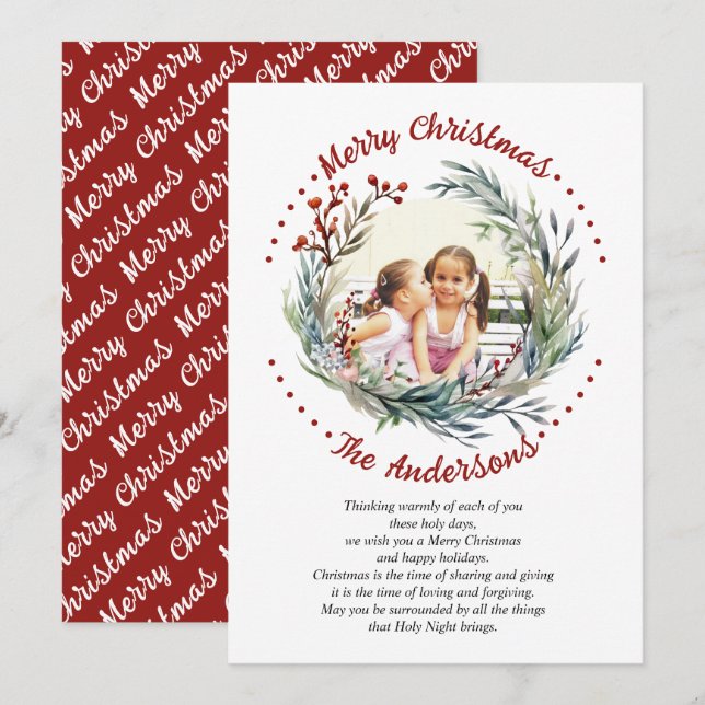 Cartes Pour Fêtes Annuelles Filières de fleurs de Noël photo de baies vertes (Devant / Derrière)