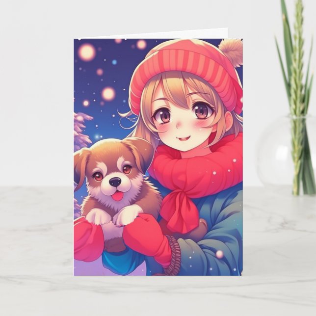 Cartes Pour Fêtes Annuelles Fille Anime avec Chien Personnalisé pour Noël (Devant)