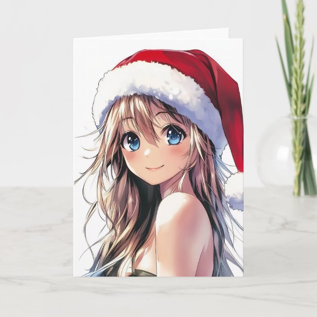Cartes Pour Fêtes Annuelles Fille Anime Fêtarde Chapeau de Père Noël avec des  (Devant)