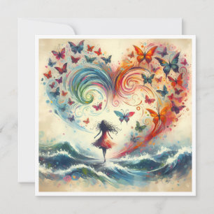 Cartes Pour Fêtes Annuelles Fille au-dessus des vagues de l'océan avec des pap
