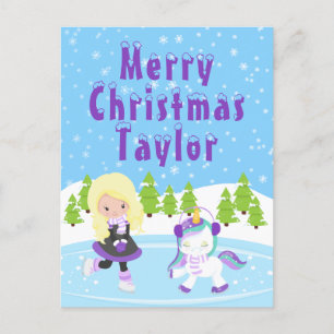 Cartes Pour Fêtes Annuelles Fille aux cheveux blonds patinant à glace Joyeux N