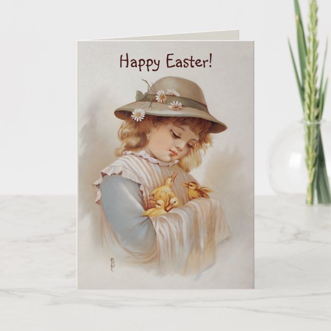 Cartes Pour Fêtes Annuelles Fille avec canards bébés Printemps et Pâques (Devant)