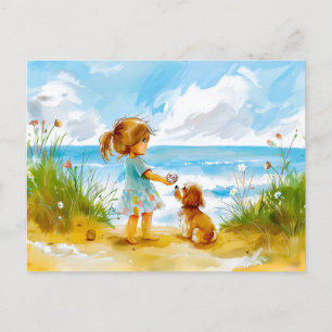 Cartes Pour Fêtes Annuelles Fille avec chien jouant à l'aquarelle de la plage