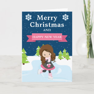 Cartes Pour Fêtes Annuelles Fille brune patineuse de Noël festive