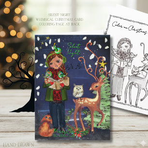 Cartes Pour Fêtes Annuelles Fille chantant un chant de Noël en forêt avec des
