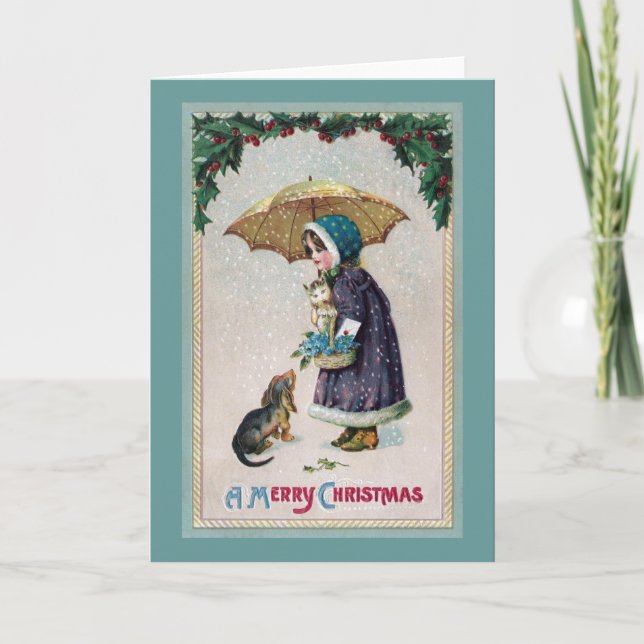 Cartes Pour Fêtes Annuelles Fille, chat et chien sous le parapluie dans le cru (Devant)