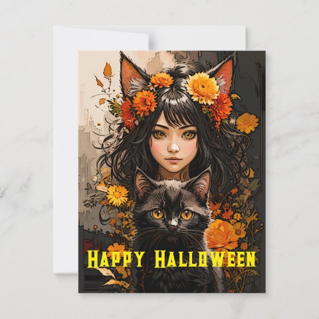 Cartes Pour Fêtes Annuelles Fille de chat et Halloween de chat noir (Devant)