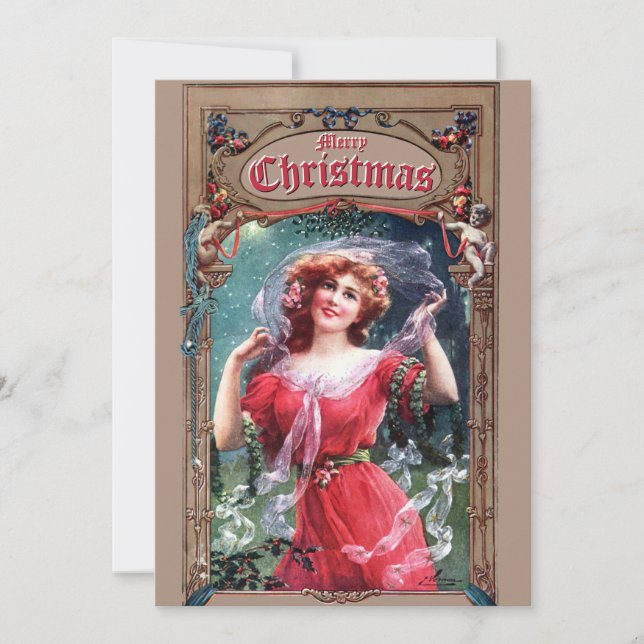 Cartes Pour Fêtes Annuelles Fille de Noël Art Nouveau avec Holly & Mistletoe (Devant)