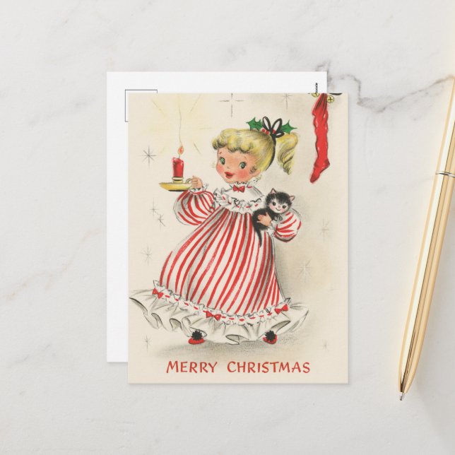 Cartes Pour Fêtes Annuelles fille de Noël rétro (Devant/Arrière en situation)