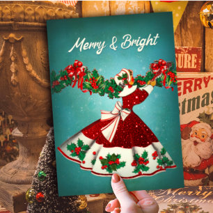 Cartes Pour Fêtes Annuelles Fille de Noël Rétro Paillettes Rouge Vintage