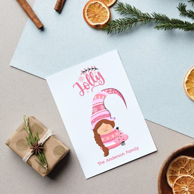 Cartes Pour Fêtes Annuelles Fille de Noël rose Gnome avec cheveux tressés Joll (Pink Christmas Girl Gnome With Braid Hair Jolly Holiday Card - Personalized Festive Greeting)