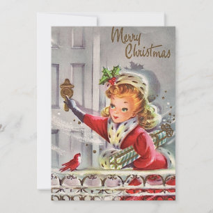 Cartes Pour Fêtes Annuelles Fille De Noël Vintage Avec Cadeaux À La Porte