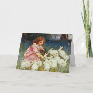 Cartes Pour Fêtes Annuelles Fille de Pâques vintage nourrissant des lapins bla