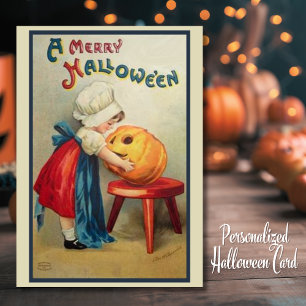 Cartes Pour Fêtes Annuelles Fille de Pèlerin Vintage avec Citrouille Halloween