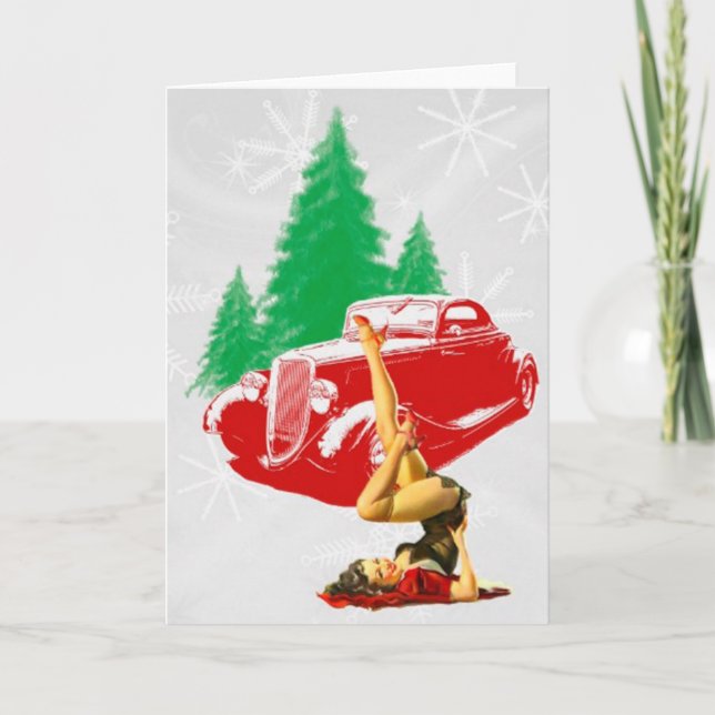 Cartes Pour Fêtes Annuelles Fille de Pin- de Noël et voiture classique (Devant)