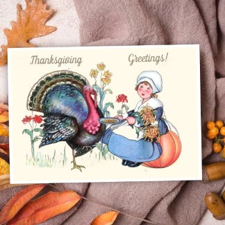 Cartes Pour Fêtes Annuelles Fille de Thanksgiving vintage avec dinde et récolt