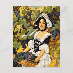 Cartes Pour Fêtes Annuelles Fille de vendange vintage avec panier de raisins
