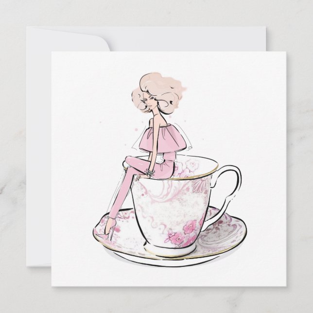 Cartes Pour Fêtes Annuelles Fille en teacup rose floral (Devant)